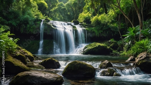 Serenity in Nature: A Stunning Waterfall Surrounded by Lush Greenery and Tranquil Waters in a Pristine Tropical