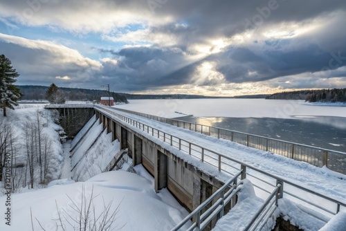 A snA snow topped bridge crossing over a frozen river at the top of a dam, snowy landscape, frozen river, snow topped bridge, cold weather effects photo