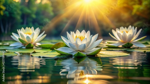 Serene White Lotus Blossoms Floating on Calm River Water