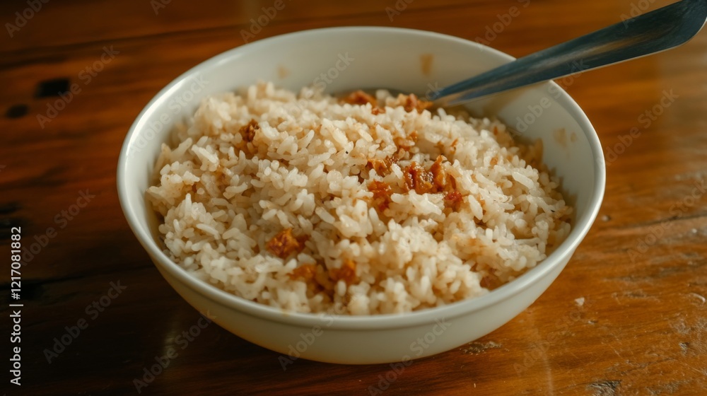 Bowl of fluffy rice garnished with crispy bits, set on a wooden table, evoking a cozy meal atmosphere Bowl of fluffy rice garnished with crispy bits, set on a wooden table, evoking a cozy meal atmosphere