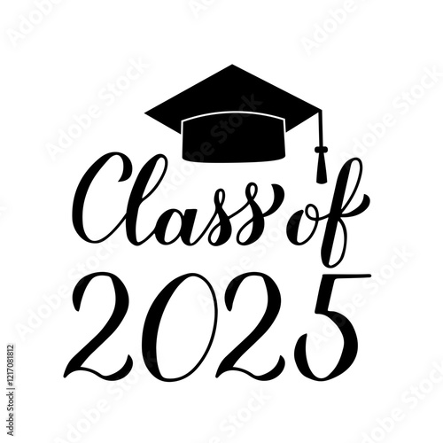 Class of 2025 lettering with graduation cap isolated on white. Congratulations to graduates typography poster. Vector template for greeting card, banner, sticker, label, t-shirt, etc.