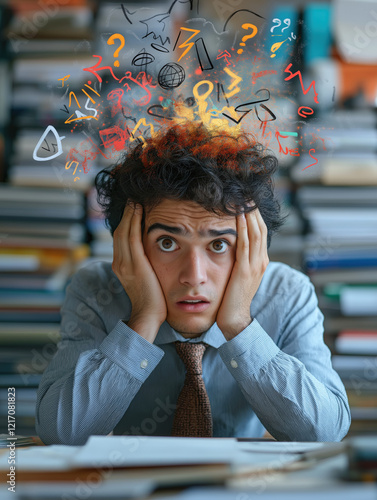 In a bustling office filled with papers, a male manager appears overwhelmed. His furrowed brow and clasped hands reflect the chaos of creative struggles