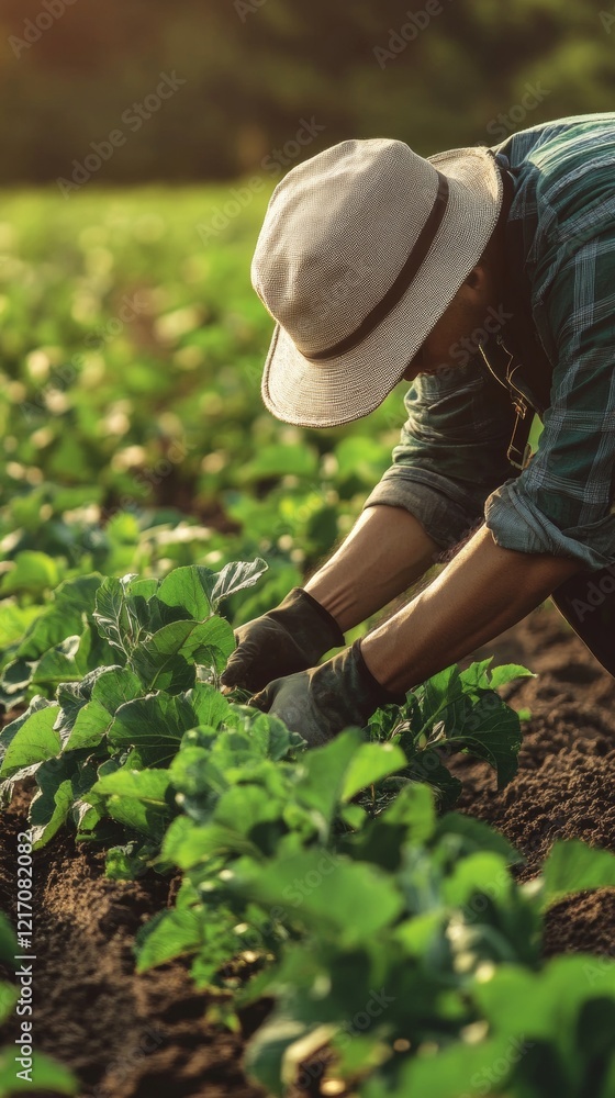 Fototapeta premium man cultivating on his farm with copy space vertically 9:16