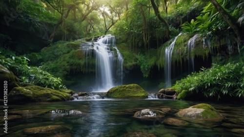 Serenity in Nature: A Stunning Waterfall Surrounded by Lush Greenery and Tranquil Waters in a Pristine Tropical