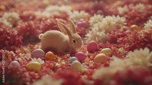 Easter bunny amidst colorful eggs and flowers.