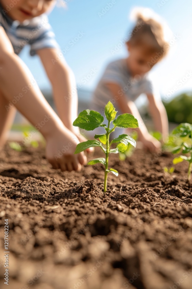 Children are actively engaged in gardening, tending to plants in a vibrant school garden on a sunny day.