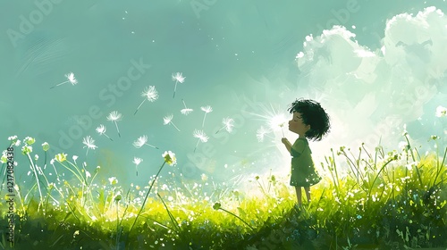 A child blowing on a dandelion in an open field, the tiny seeds floating gently away in the soft breeze © cynz