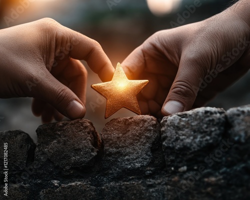 Highlighting Appreciation with a Golden Star Witness a figure carefully placing a radiant star atop a weathered wall under dramatic lighting, symbolizing acknowledgment and kindness This powerful photo