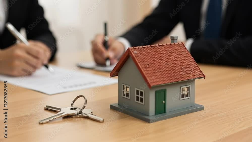 Home purchase agreement signing with house model and keys on desk Home purchase agreement signing with house model and keys on desk