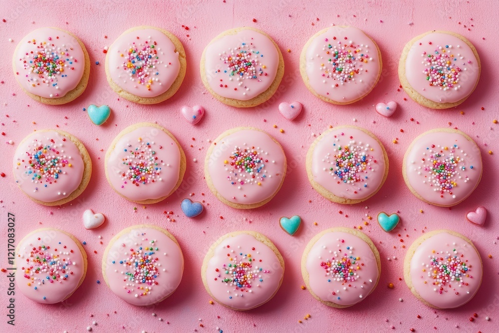 A delightful arrangement of sugar cookies topped with pink icing and colorful sprinkles on a pink background, accompanied by heart-shaped candies