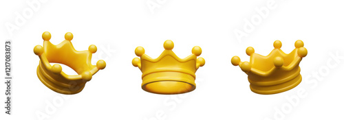 3d render set gold crown. Three-dimensional vector illustration monarch icon. King, queen, princess, prince - royalty symbol. Classic casino reward. Emperor collection diadem is power. Luxury tressure