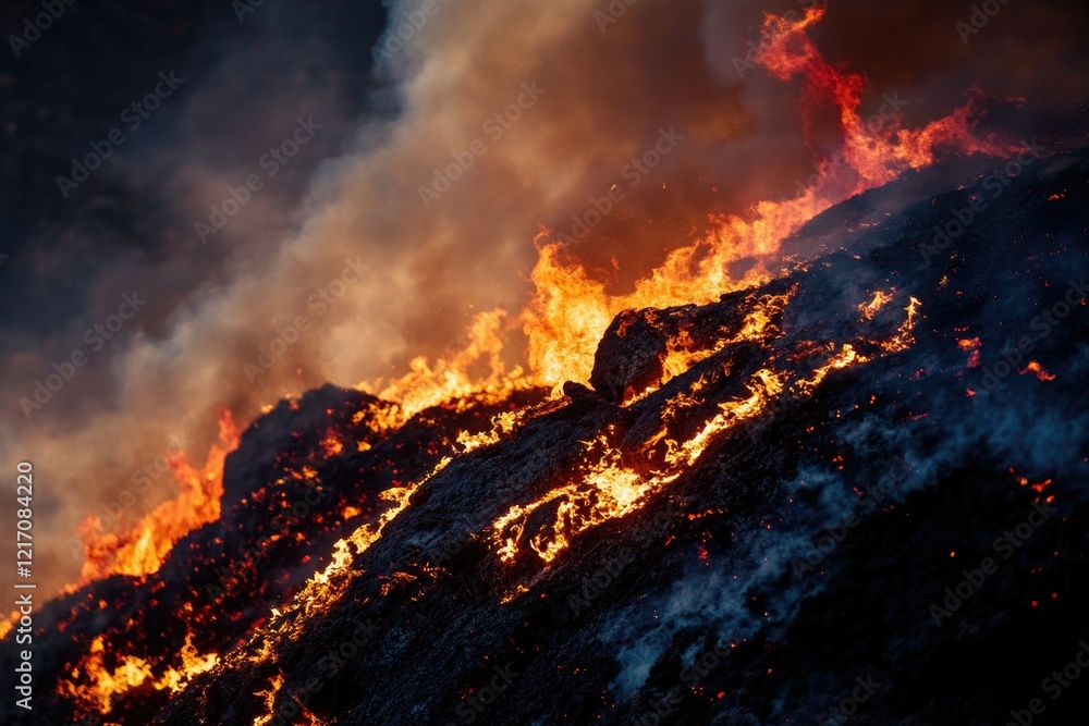 Fototapeta premium A fire is burning on a mountain side