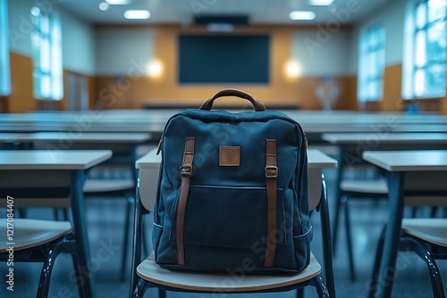 Child's school backpack on table in classroom
