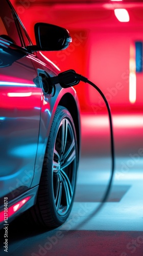 A sleek car charges at a hydrogen fuel station, illuminated by vibrant red and blue lights in a modern setting. The image captures futuristic and eco-friendly vibes.