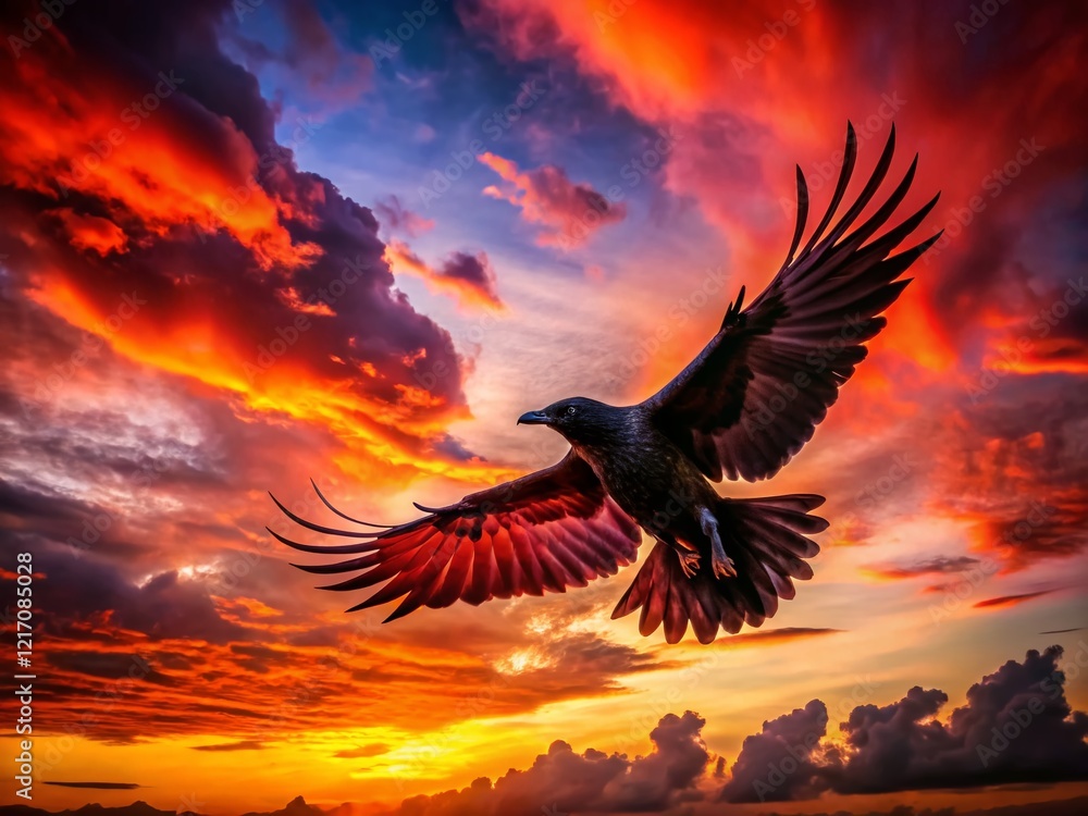 Obraz premium Silhouette of a Raven in Fiery Crimson Sky, Dramatic Flight at Sunset