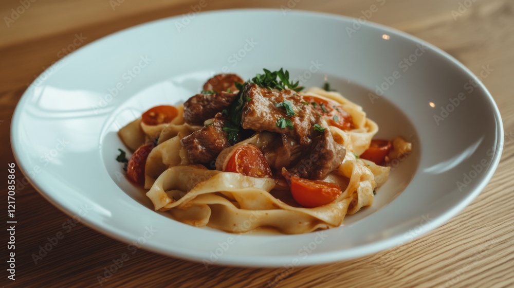 Delicious plate of pasta with meat and tomatoes served on a wooden table in a cozy restaurant Delicious plate of pasta with meat and tomatoes served on a wooden table in a cozy restaurant