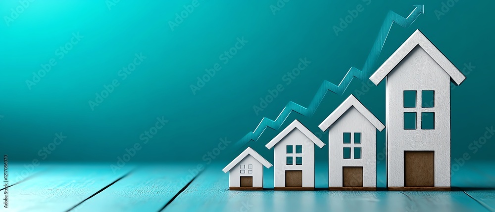 Increasing property market trend with arrows and teal background, investment, growth in real estate, market dynamics Increasing property market trend with arrows and teal background, investment, growth in real estate, market dynamics