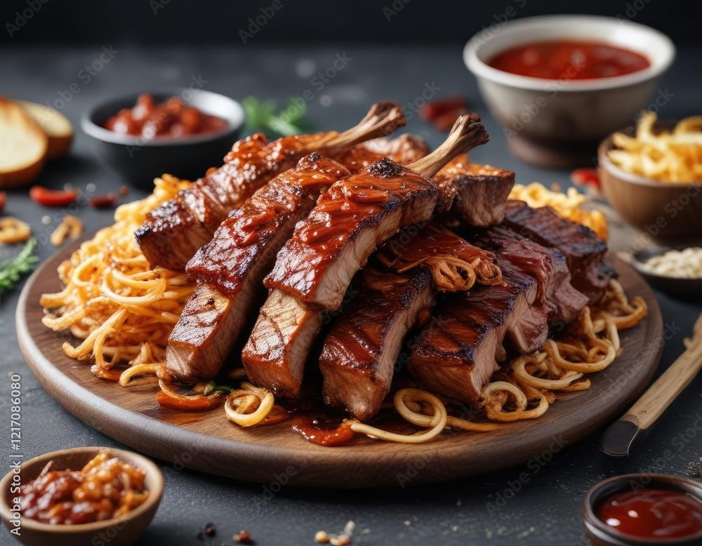 Grilled pork ribs with tangy BBQ sauce and crispy onions, barbecue, juicy Grilled pork ribs with tangy BBQ sauce and crispy onions, barbecue, juicy