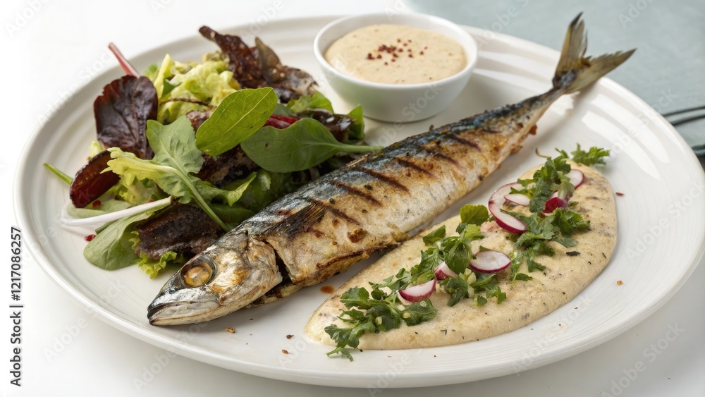 Grilled mackerel with almond sauce and mixed greens salad, juicy fish, grilled mackerel, mixed greens, alder wood smoke Grilled mackerel with almond sauce and mixed greens salad, juicy fish, grilled mackerel, mixed greens, alder wood smoke