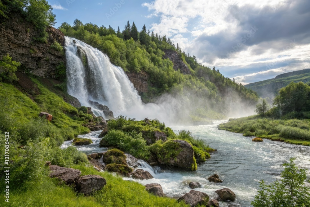 Fototapeta premium A picturesque waterfall cascading down a rocky slope surrounded by greenery, springtime landscapes, rocky slopes