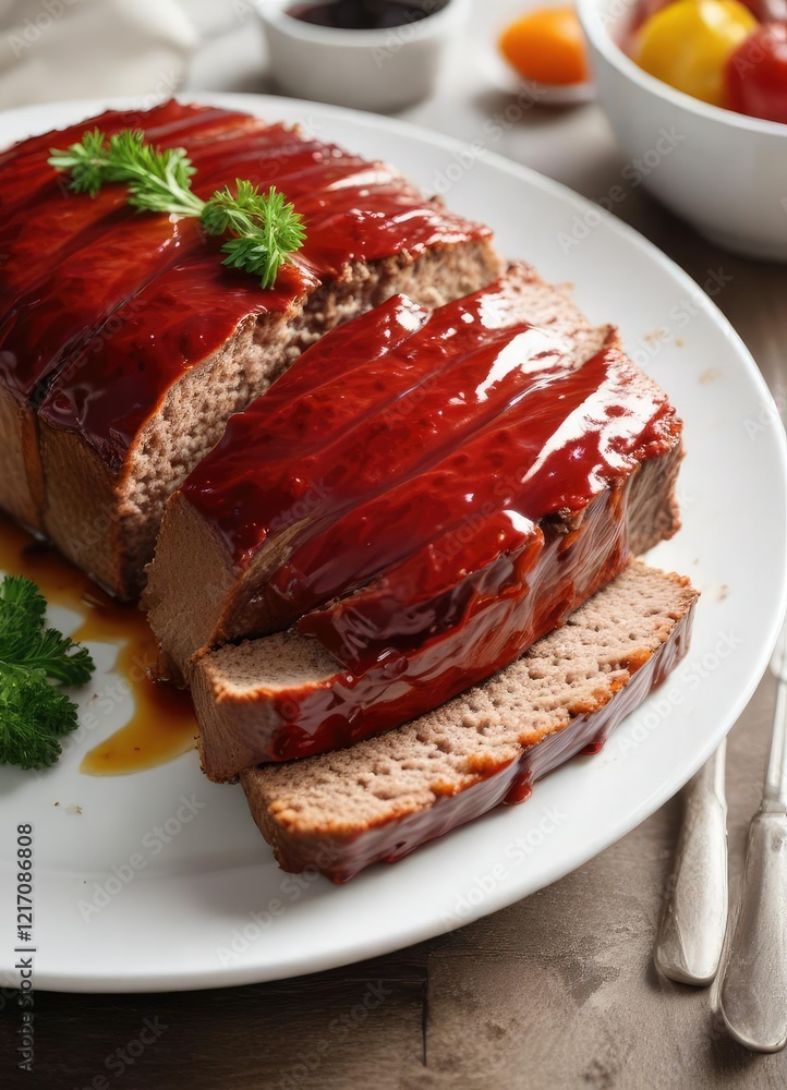 A perfectly baked sliced meatloaf is presented on a clean white plate, topped with a shiny glaze , lunch or dinner, savory A perfectly baked sliced meatloaf is presented on a clean white plate, topped with a shiny glaze , lunch or dinner, savory