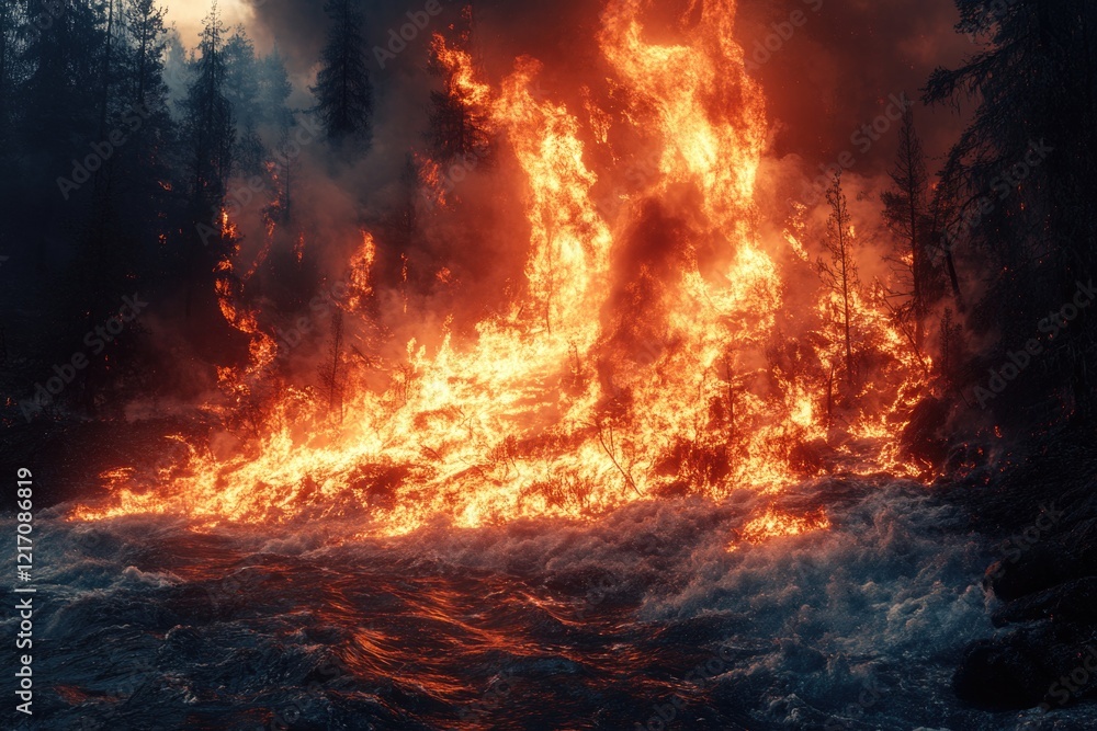 A massive fire rages through a forest, with flames engulfing the trees and smoke filling the air A massive fire rages through a forest, with flames engulfing the trees and smoke filling the air