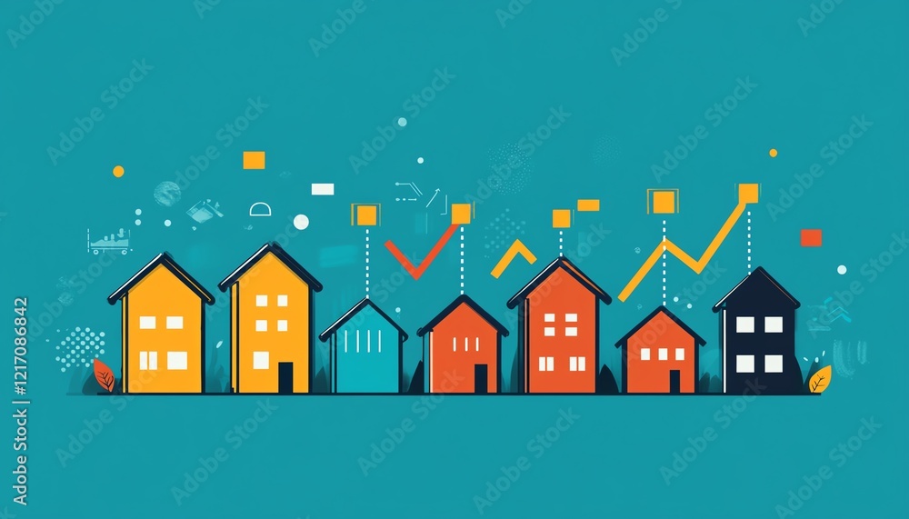 Property market growth concept illustration with rising graphs and teal background, real estate investment and development Property market growth concept illustration with rising graphs and teal background, real estate investment and development