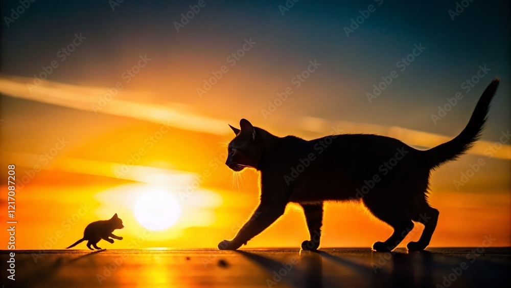 Silhouette of playful cat and mouse at sunset Silhouette of playful cat and mouse at sunset