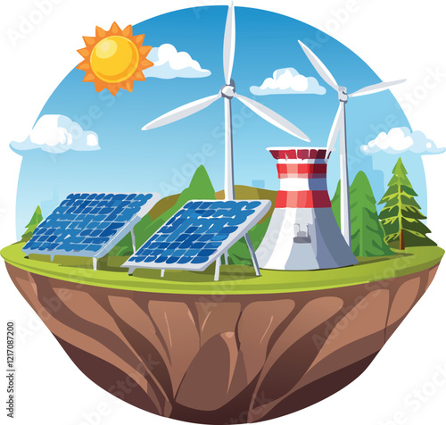 Vector icon representing different types of renewable energy solar panel, wind turbine, hydroelectric dam, geothermal plant