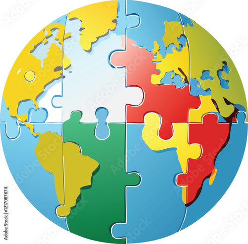  Vector illustration of a globe with puzzle pieces representing different countries, with some pieces missing, symbolizing the need for global cooperation on environmental issues