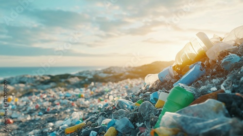 Man stands in front of pile of garbage,plastic bottles and containers,environmental destruction.
