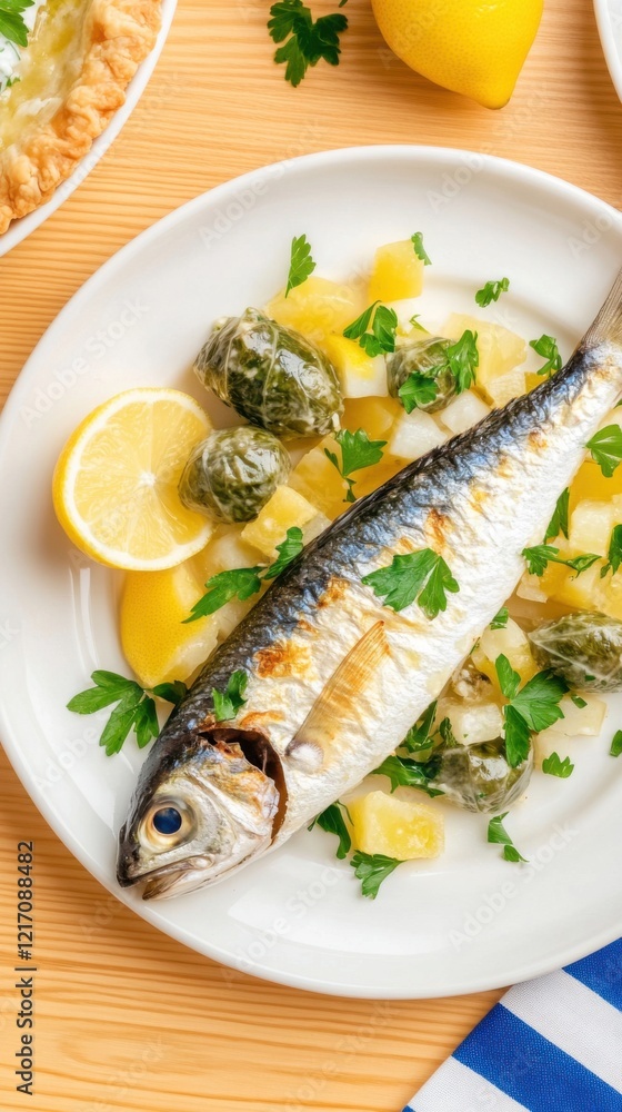 A plate of traditional Greek food featuring a grilled fish garnished with parsley, accompanied by lemon slices and dolmades, on a wooden table. A plate of traditional Greek food featuring a grilled fish garnished with parsley, accompanied by lemon slices and dolmades, on a wooden table.