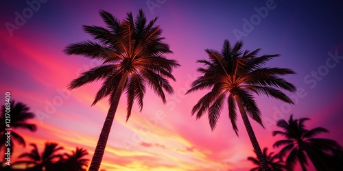 Tropical Paradise Sunset Two Silhouetted Palm Trees Against a Vibrant Sky