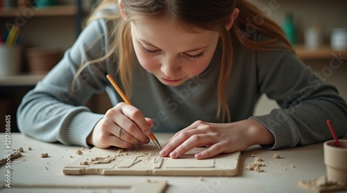Focused young girl delicately carves details into a clay tile, showcasing her artistic talent and meticulous nature. The soft light enhances the scene's peaceful atmosphere.