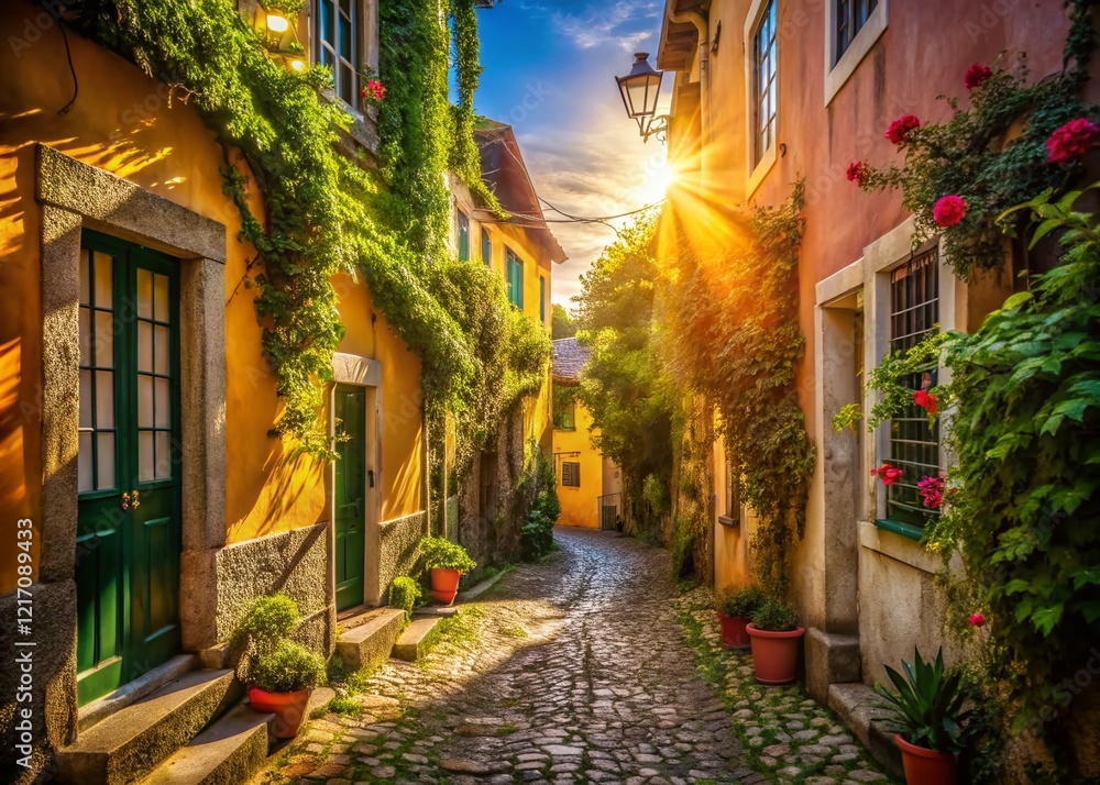 Obraz premium Sintra Portugal Alleyway: Charming Cobblestone Street, High Depth of Field Stock Photo