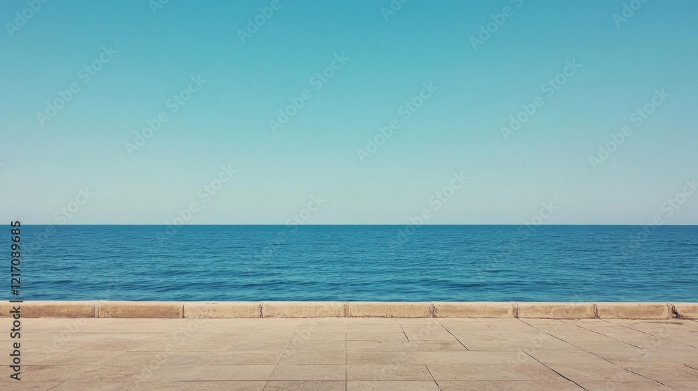 Fototapeta premium Serene coastal view with clear blue sky and calm ocean waves, perfect for relaxation and inspiration