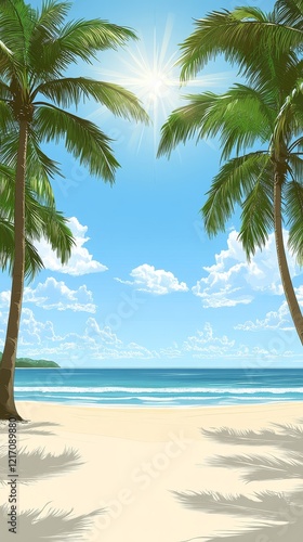 Idyllic Tropical Beach Scene with Palm Trees Framing a Sunny Ocean View