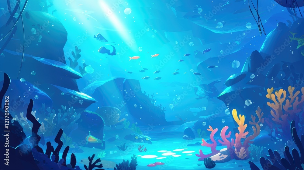 Fototapeta premium A vibrant underwater scene with colorful fish and coral, illuminated by rays of sunlight.