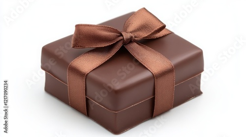 Minimalist Valentine's Day Chocolate Gift Box in Brown and Gold, Conveying Nobility and Delicacy. Simple Gift Box with Ribbon on White Background, Ideal for Romantic Gifts and Holiday Themes.