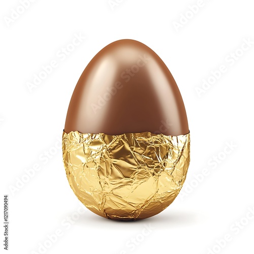 A rich chocolate egg wrapped in luxurious gold foil, showcasing its smooth, glossy texture and elegant appearance on isolated white background.