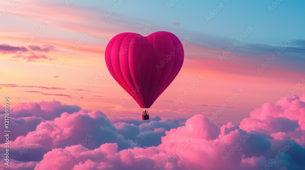 Fototapeta premium A vibrant pink heart-shaped hot air balloon floats above fluffy clouds during a stunning sunset, creating a romantic and dreamy atmosphere.