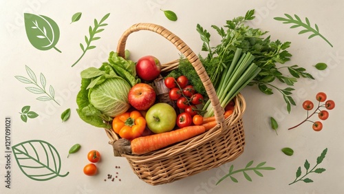 Basket with Organic Fruits and Vegetables, Eco-Friendly Farming, Renewable Energy Focus