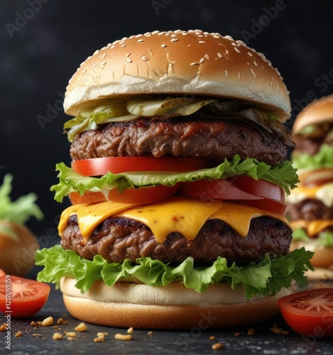 A majestic burger towering high against a dark background with multiple layers of beef patties, melted cheese, crunchy lettuce, ripe tomatoes, and sweet caramelized onions, beef patties, tower photo