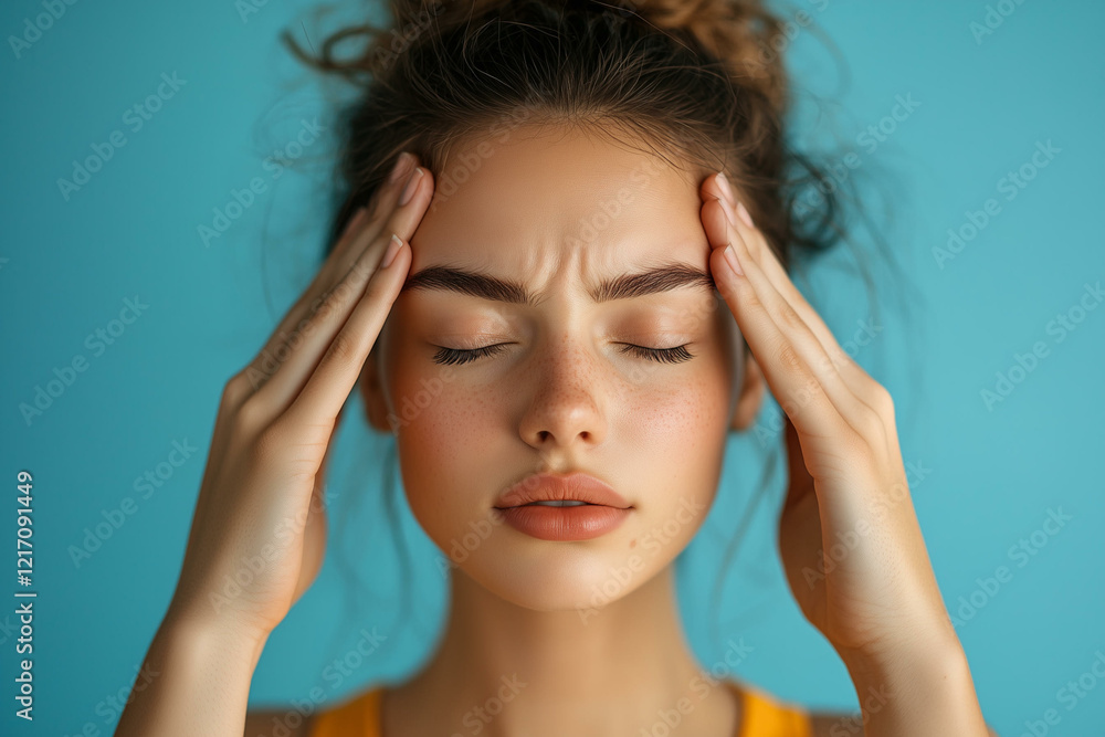 Woman suffering from headache massaging temples. Young girl with migraine and stress, tired and exhausted person with emotional pressure Woman suffering from headache massaging temples. Young girl with migraine and stress, tired and exhausted person with emotional pressure