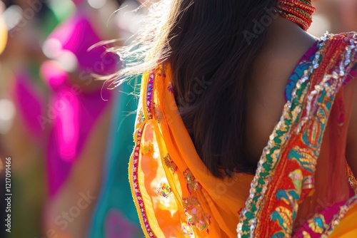 A woman wearing a vibrant Indian-inspired dress, ideal for cultural or heritage-themed projects photo