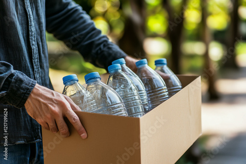 Wallpaper Mural Man collecting plastic bottles in cardboard box for recycle. Person holding paper box with plastic waste for recycling Torontodigital.ca