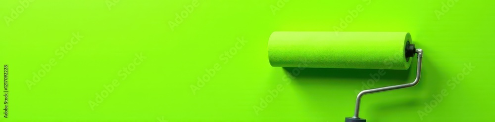 Obraz premium Lime green wall paint application, roller close-up, palette, brush
