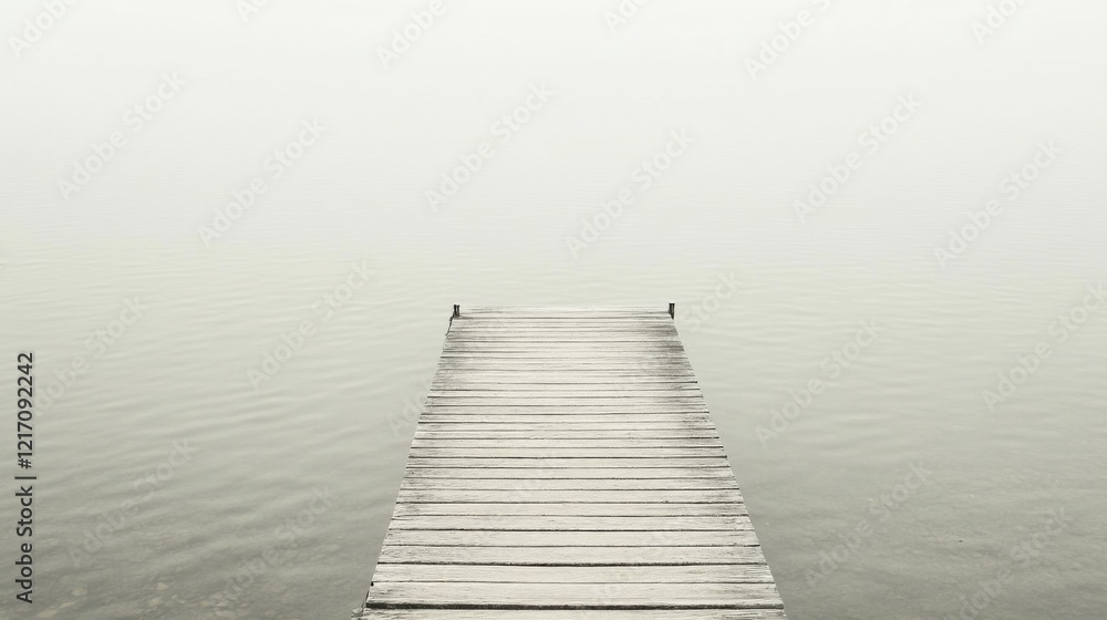 Obraz premium Tranquil wooden dock extending into a foggy lake, creating a serene and peaceful atmosphere