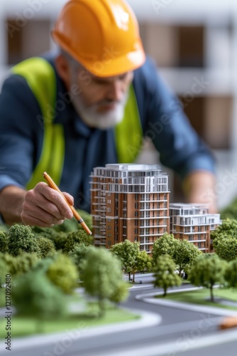 A construction engineer in a hard hat and safety vest examines a detailed architectural model featuring modern buildings and lush green landscapes. photo