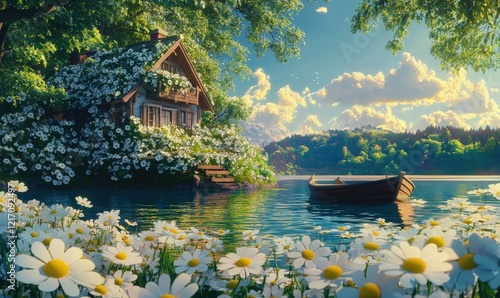 Fototapeta Naklejka Na Ścianę i Meble -  Flowers bloom on the shore of the lake, and a wooden boat docks beside the wooden house by the lake